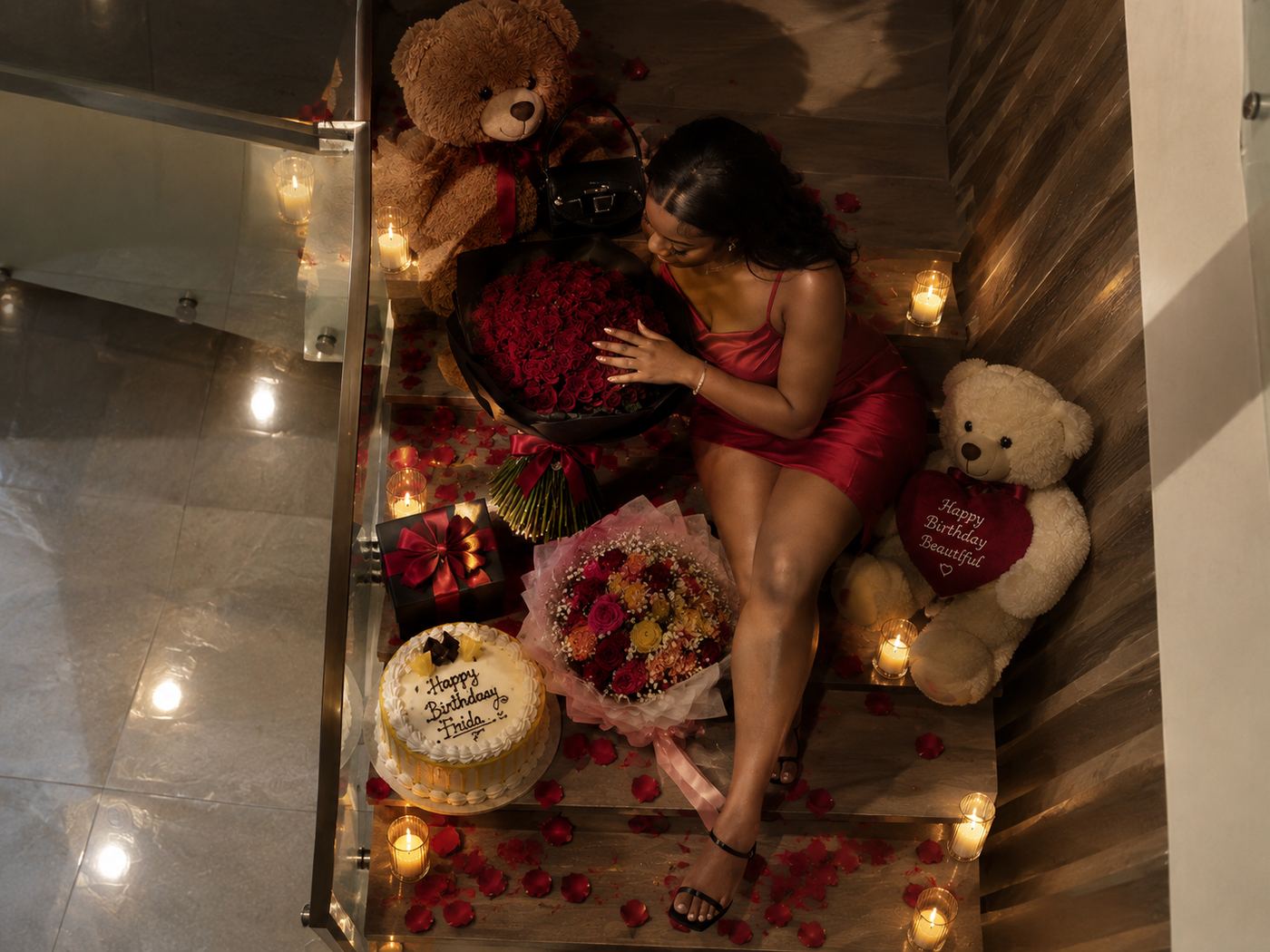 A birthday surprise of roses, teddy bears, a cake and gifts