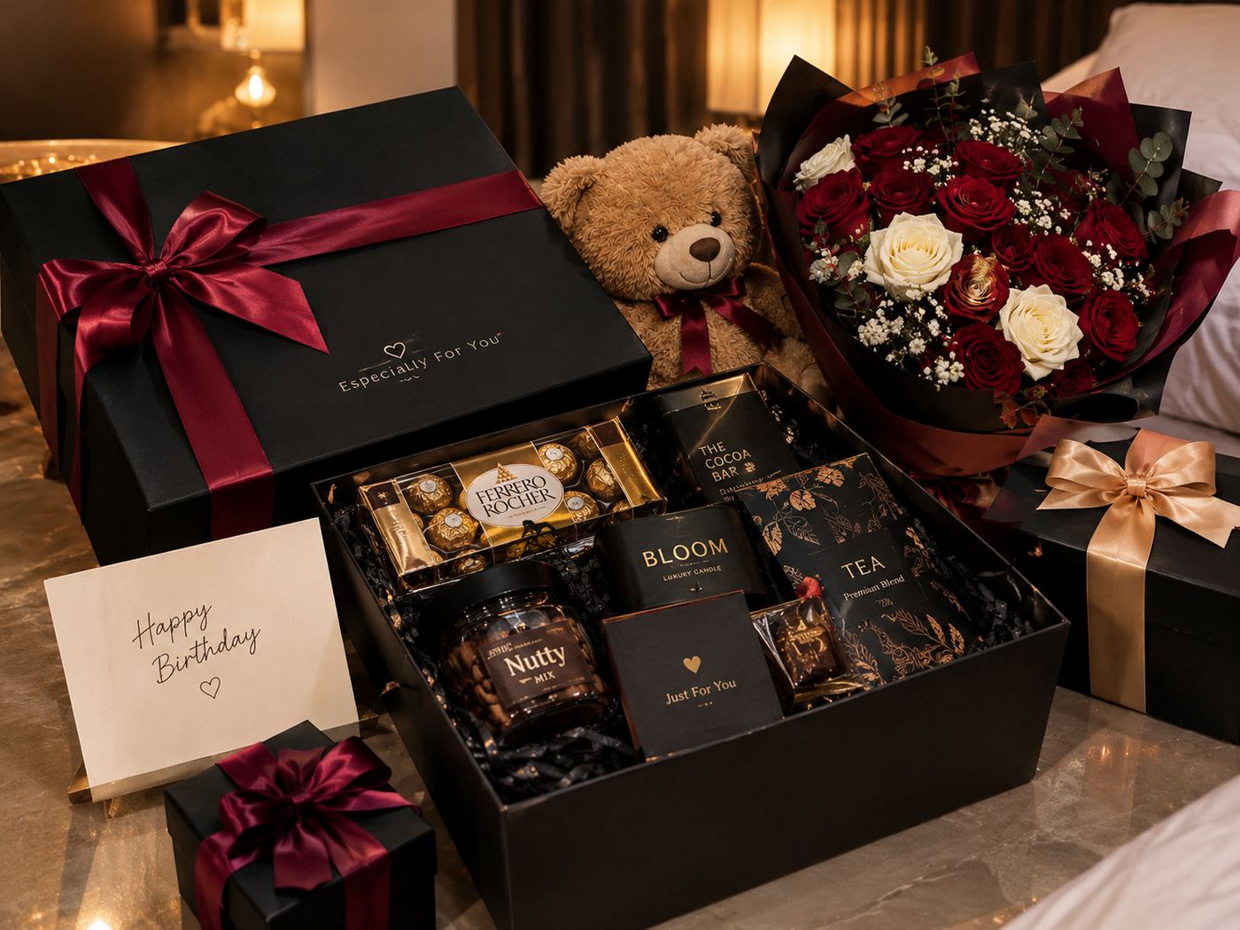 A black gift hamper with Ferrero Rocher, a candle, tea and a teddy beside red and white roses