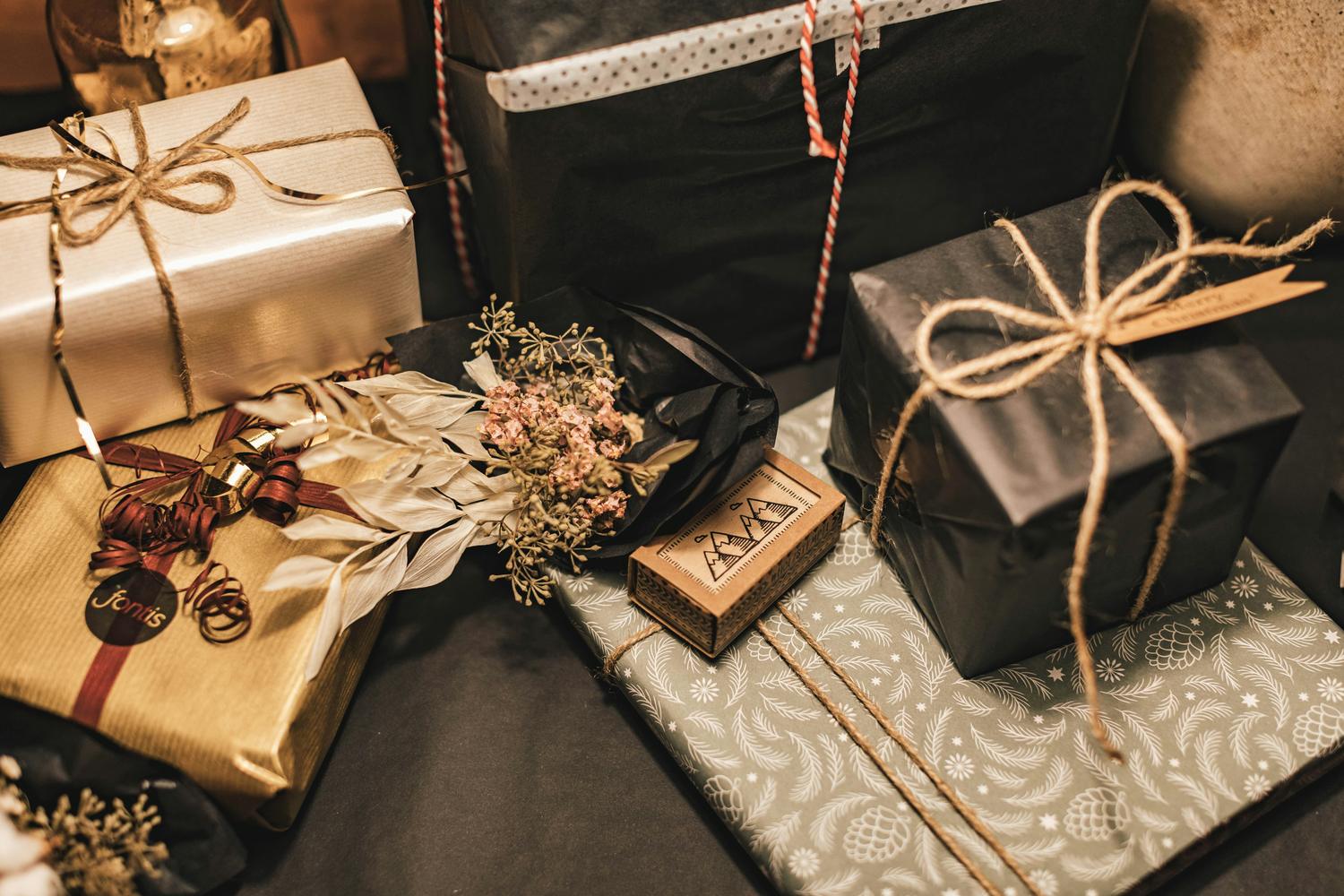 Gifts wrapped in kraft paper and twine