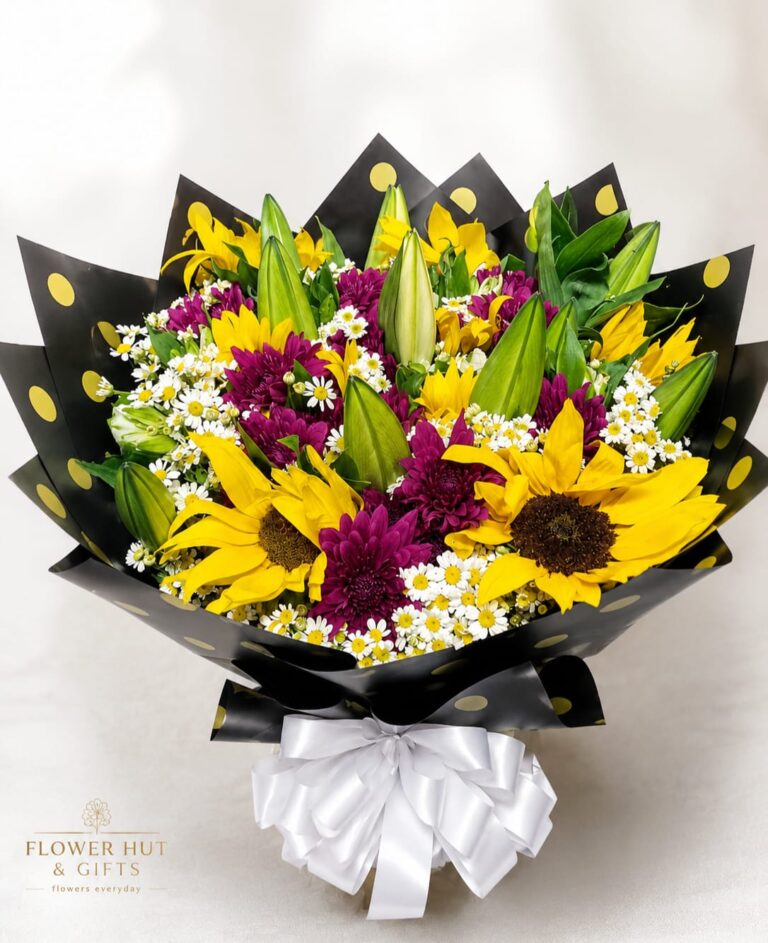 Girlfriend's Day flowers bouquet with fresh sunflowers, lilies and chrysanthemums in Nairobi