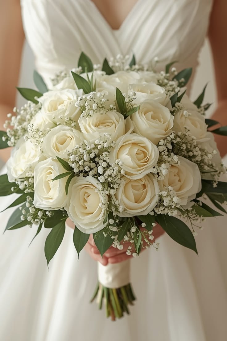 White Rose & Baby's Breath Bridal Bouquet