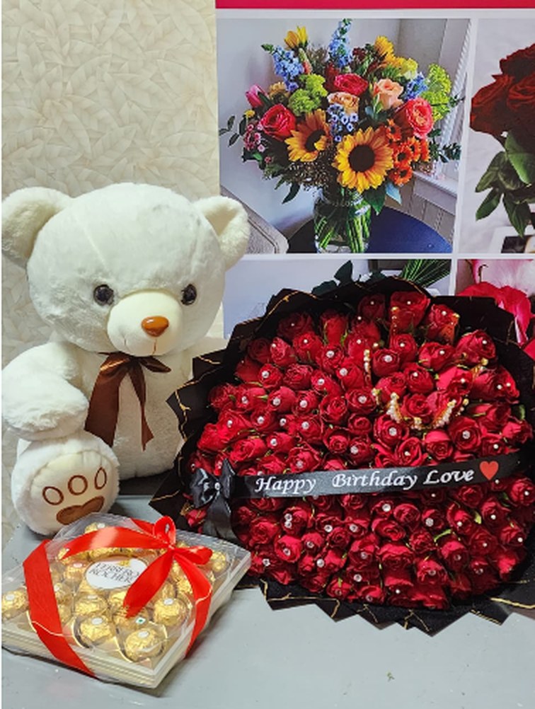 Ultimate Birthday Love – Red Roses Bouquet, Teddy Bear & Ferrero Rocher