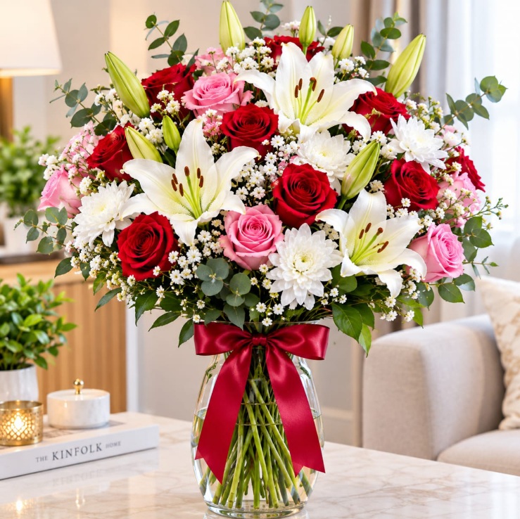 Lilies & mixed flower vase arrangement