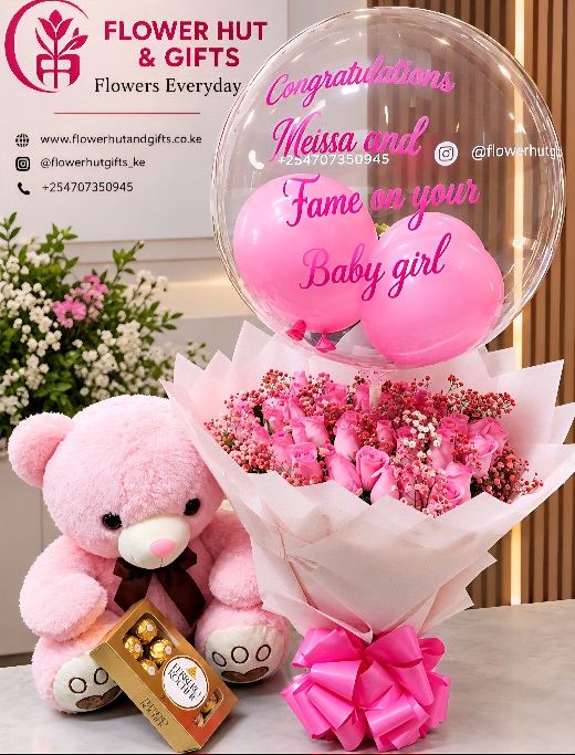 Pink bubble bouquet with chocolates and teddy bear