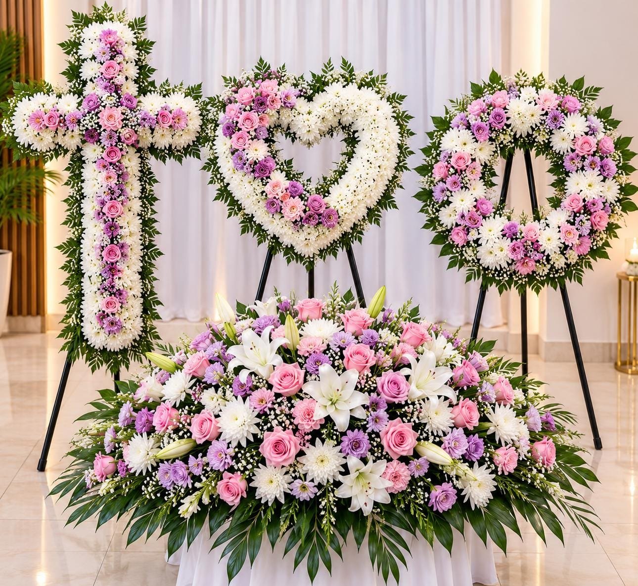 Complete Tribute Set – Lilac & Pink (Cross, Heart, Wreath & Casket Spray)