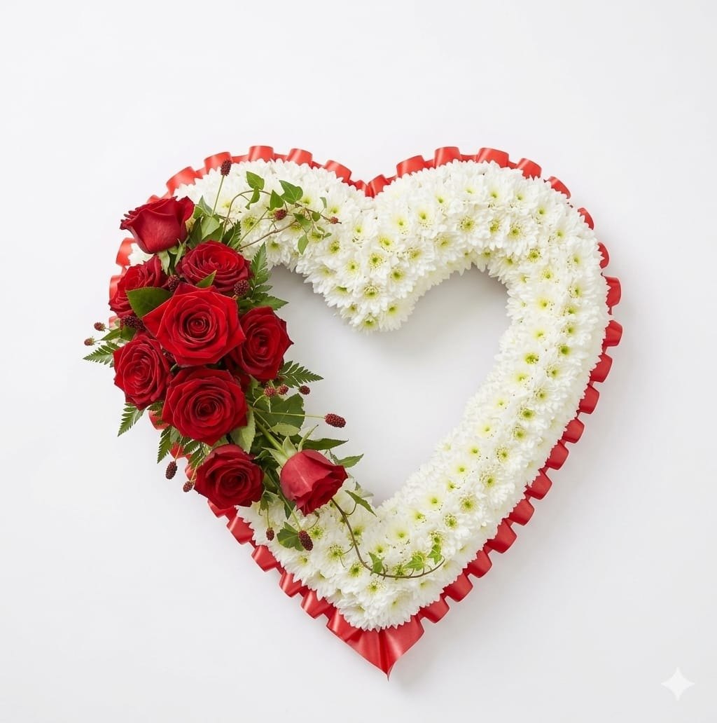Graceful Tribute Heart – White Chrysanthemum & Red Rose Heart